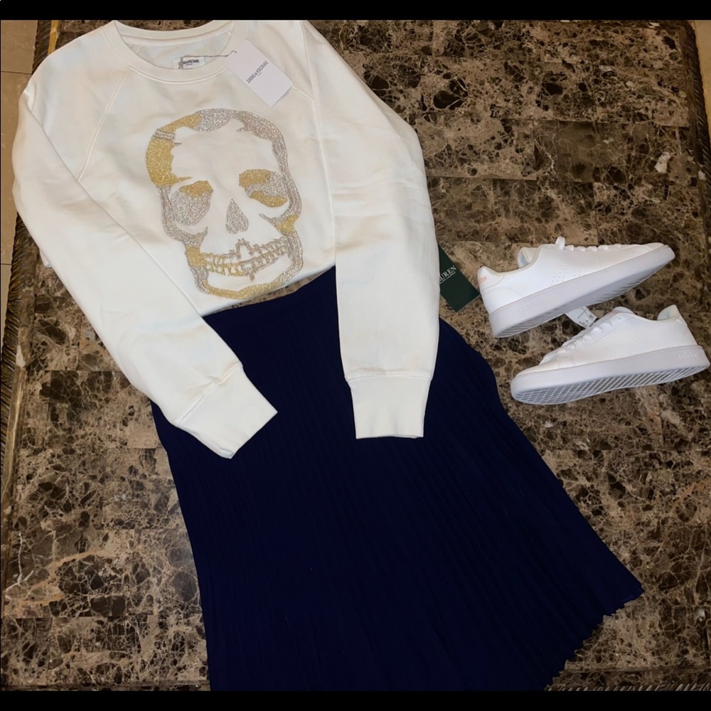 🎉HP🎉NEW Zadig And Voltaire White Upper Gold/Slv Glitter Skull Sweatshirt Sz M✨ - Picture 9 of 13